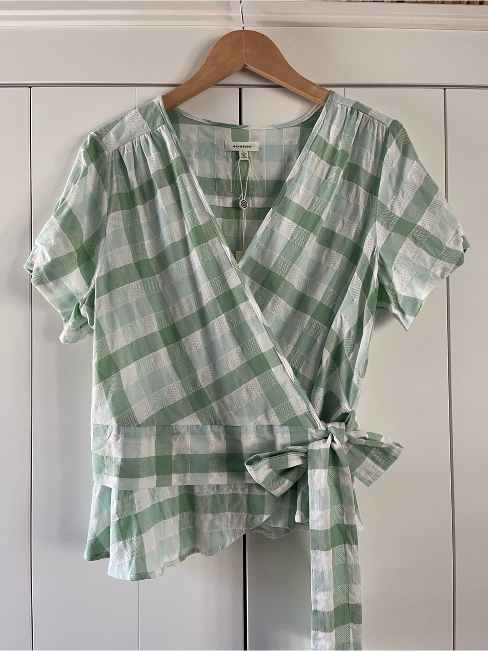 NWT Max Studio Green Gingham Wrap Top